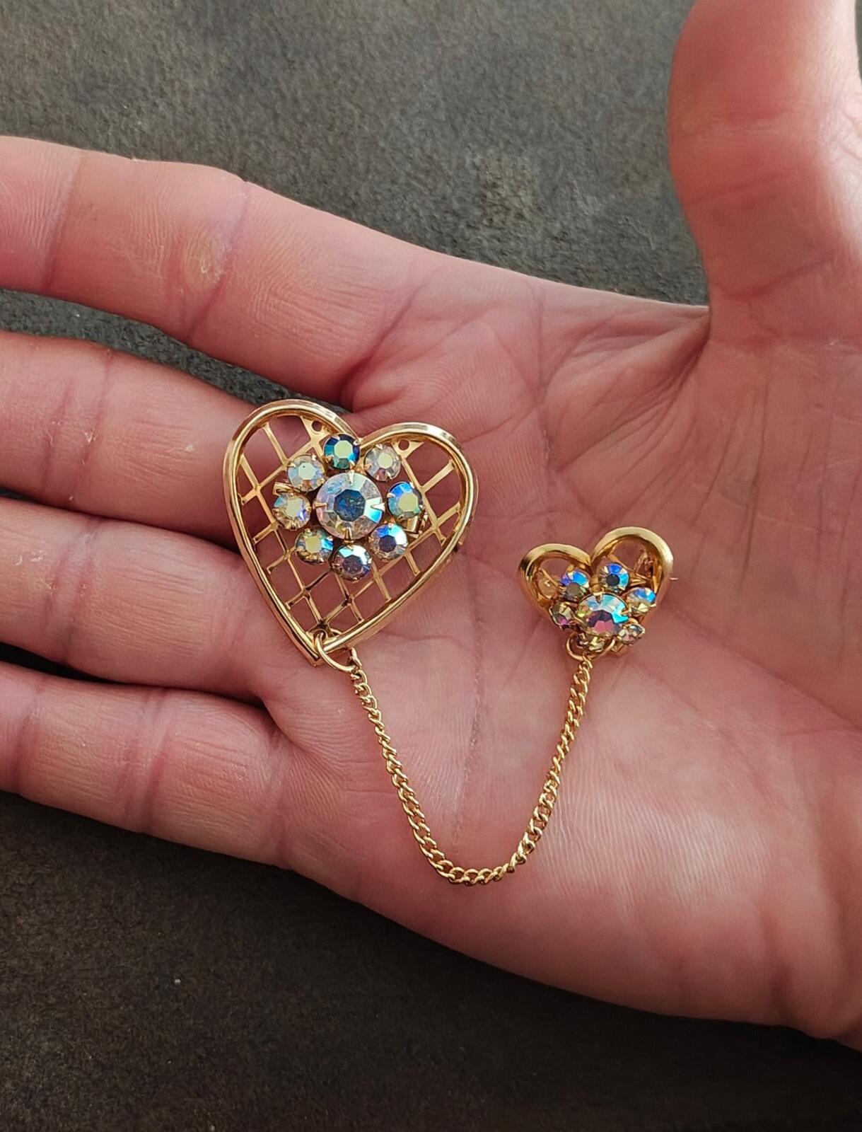 1950s Double Heart With Aurora Borealis Rhinestones Gold Tone Brooch