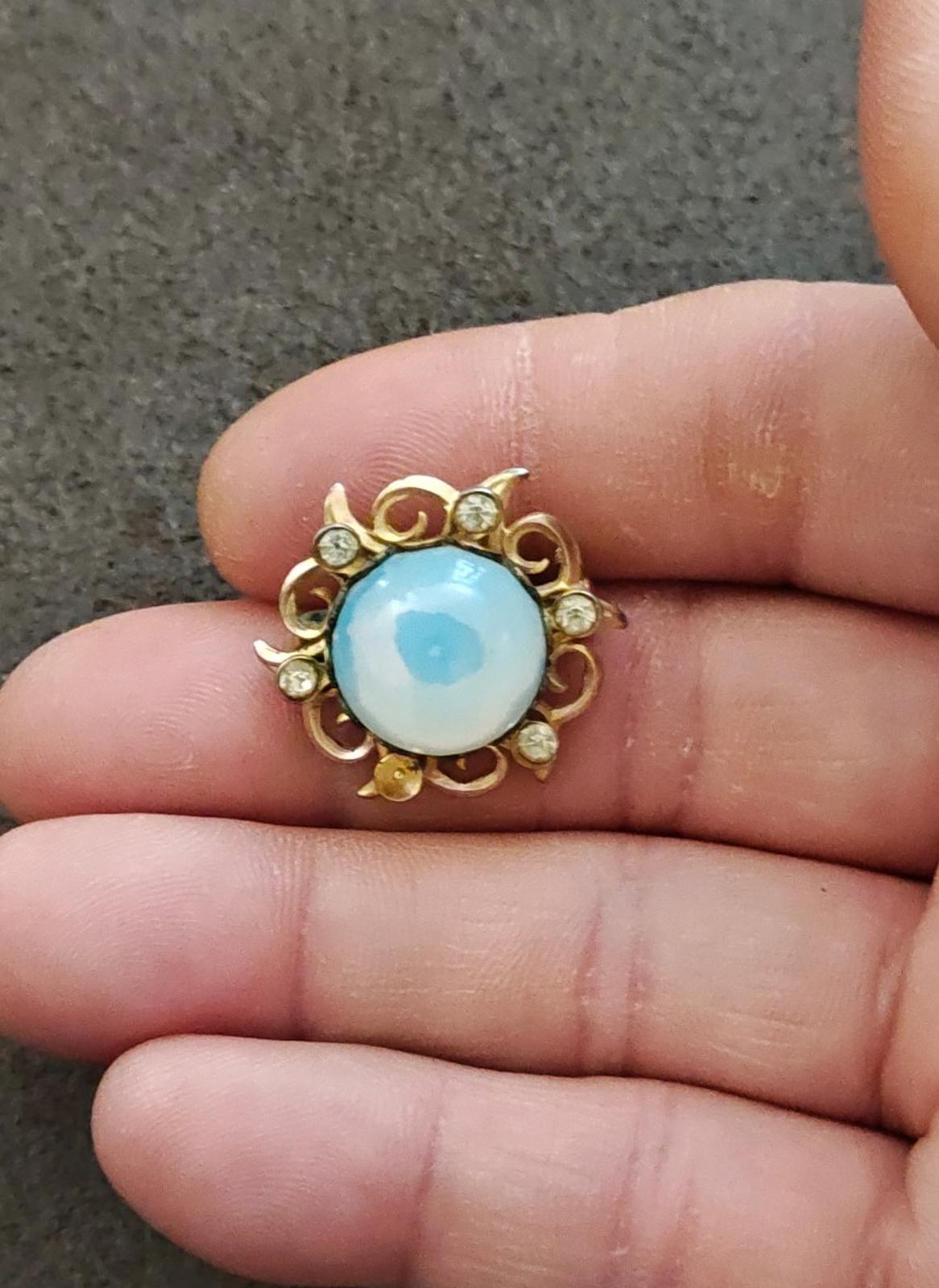 1960s Gold Tone Moonglow Cabochon With Rhinestones Brooch
