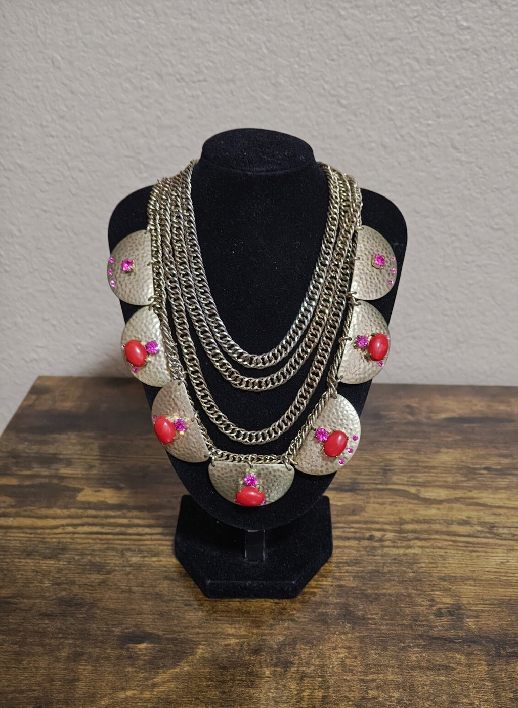 2000s Sequin Gold Tone Rhinestones & Red Stones Statement Necklace