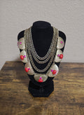2000s Sequin Gold Tone Rhinestones & Red Stones Statement Necklace