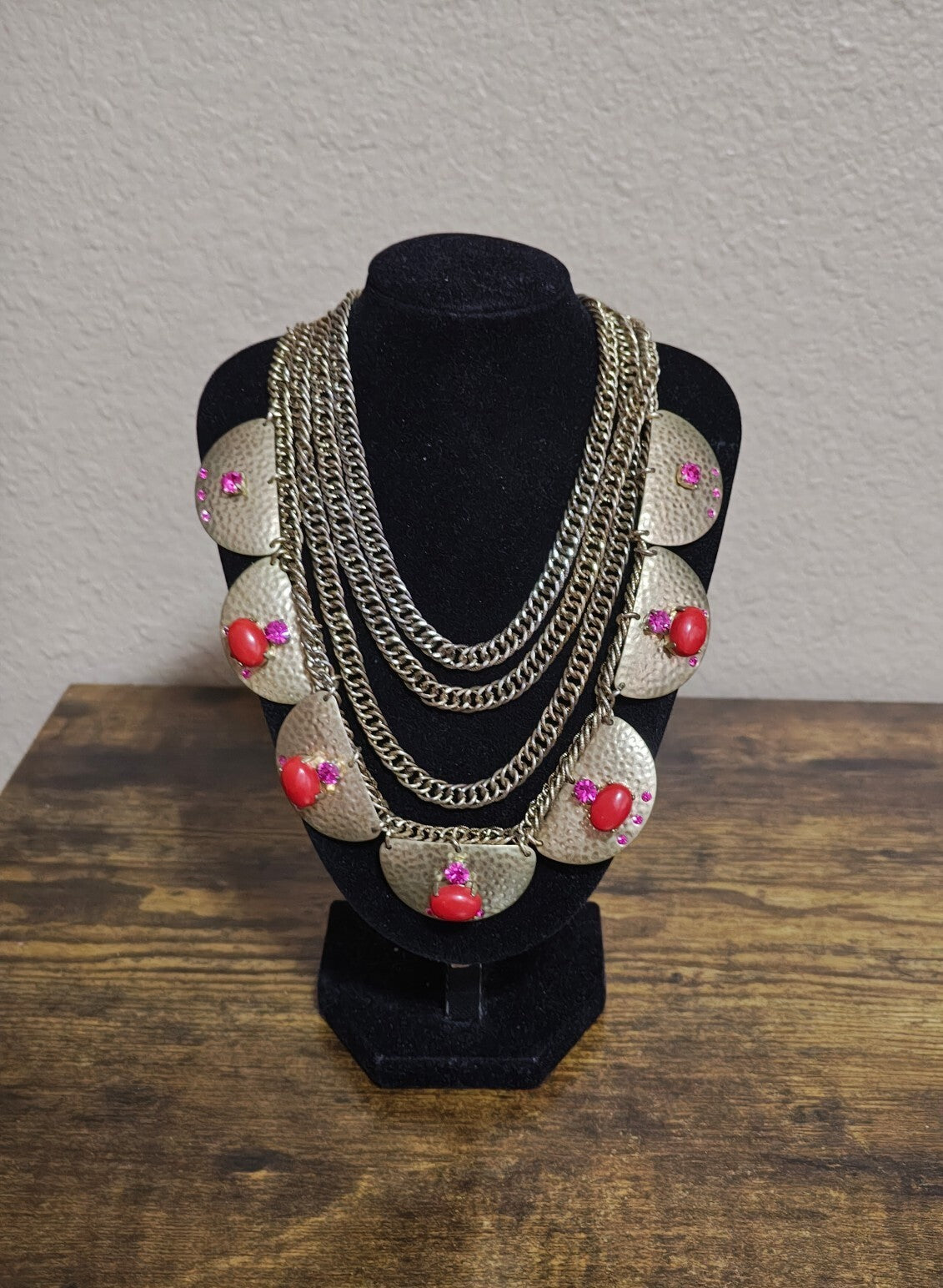 2000s Sequin Gold Tone Rhinestones & Red Stones Statement Necklace