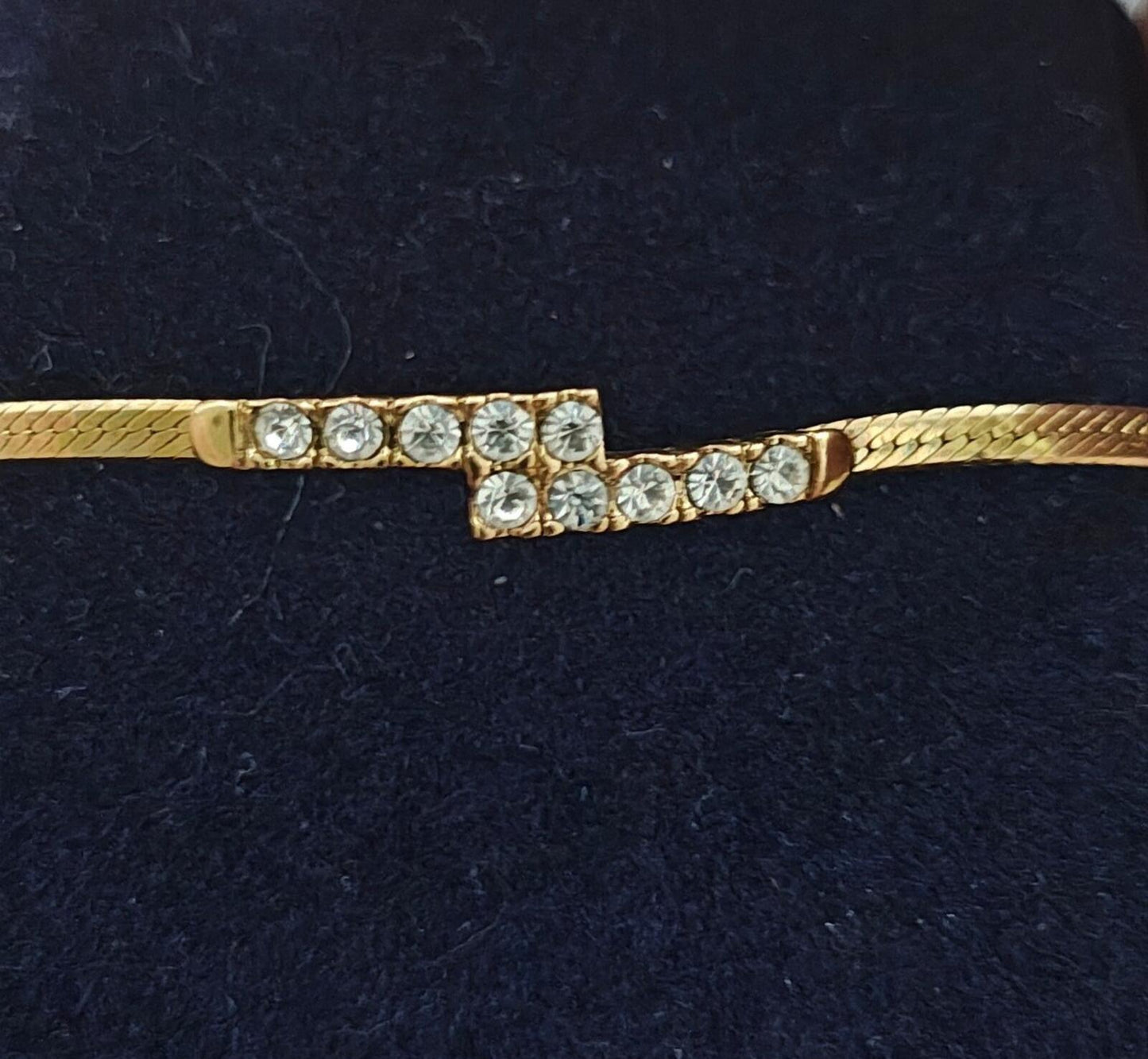 1970 Gold Tone Crossover Bypass Bar Bracelet With Crystal Rhinestone Accents