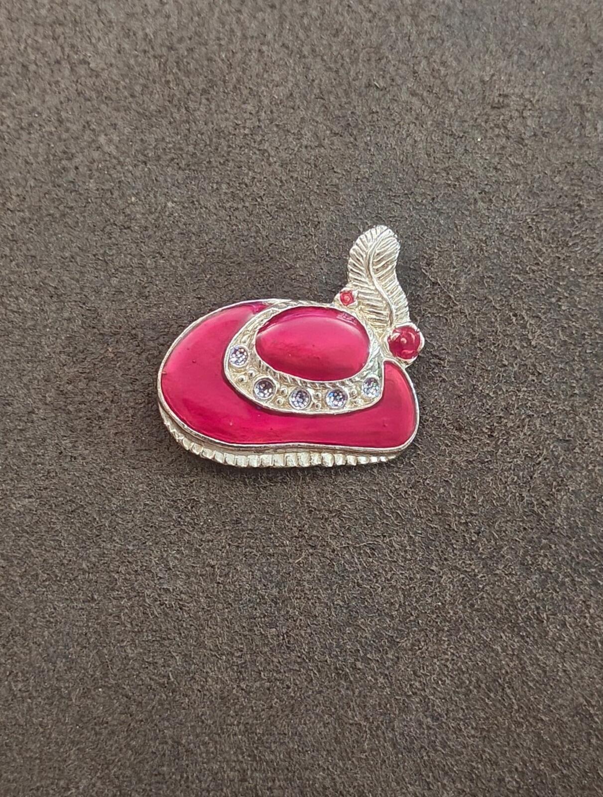 1990s Red Hat Society Silver Tone With Red Enamel & Glitter Accents Brooch