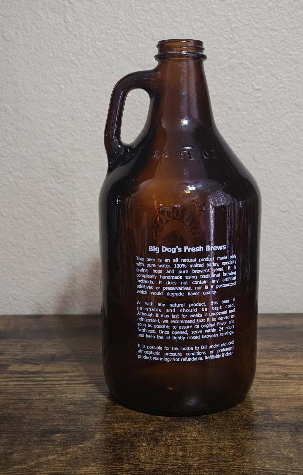 Amber glass jug back with printed ingredient and brewing information