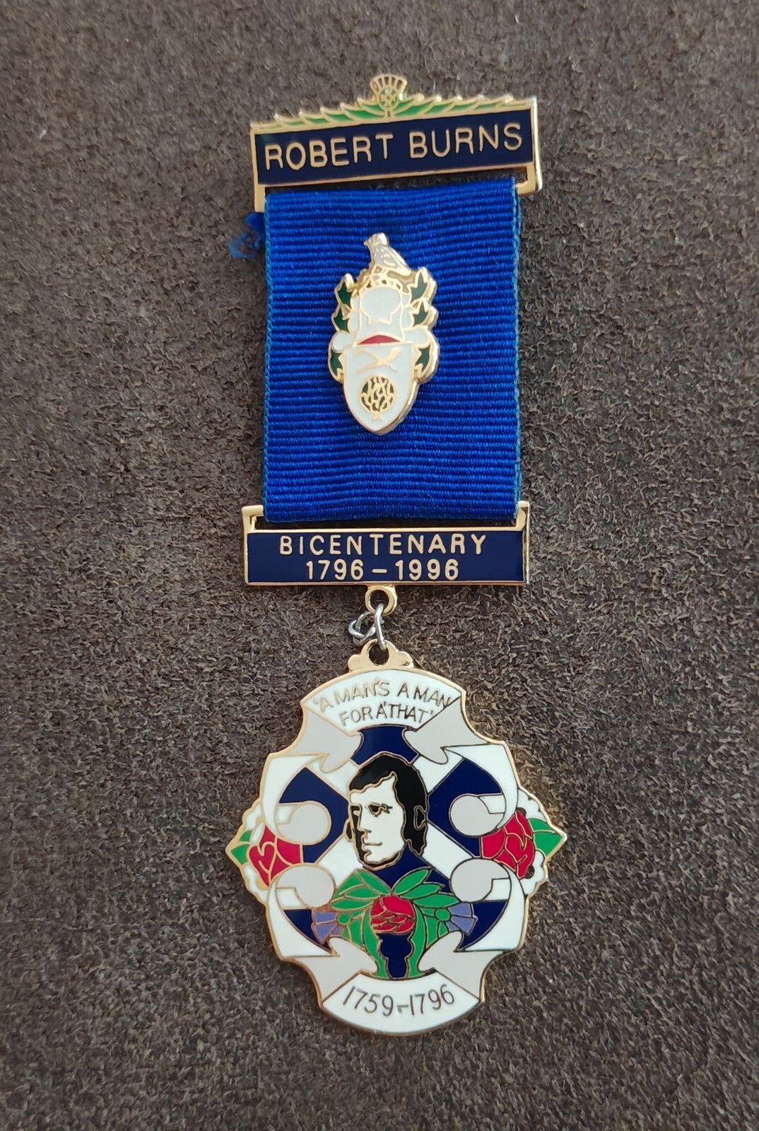 1996 Robert Burns Bicentenary Commemorative Medal Ribbon Badge Pin