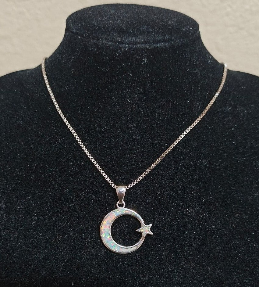 Dainty 925 Sterling Silver White Fire Opal Moon & Star Celestial Necklace