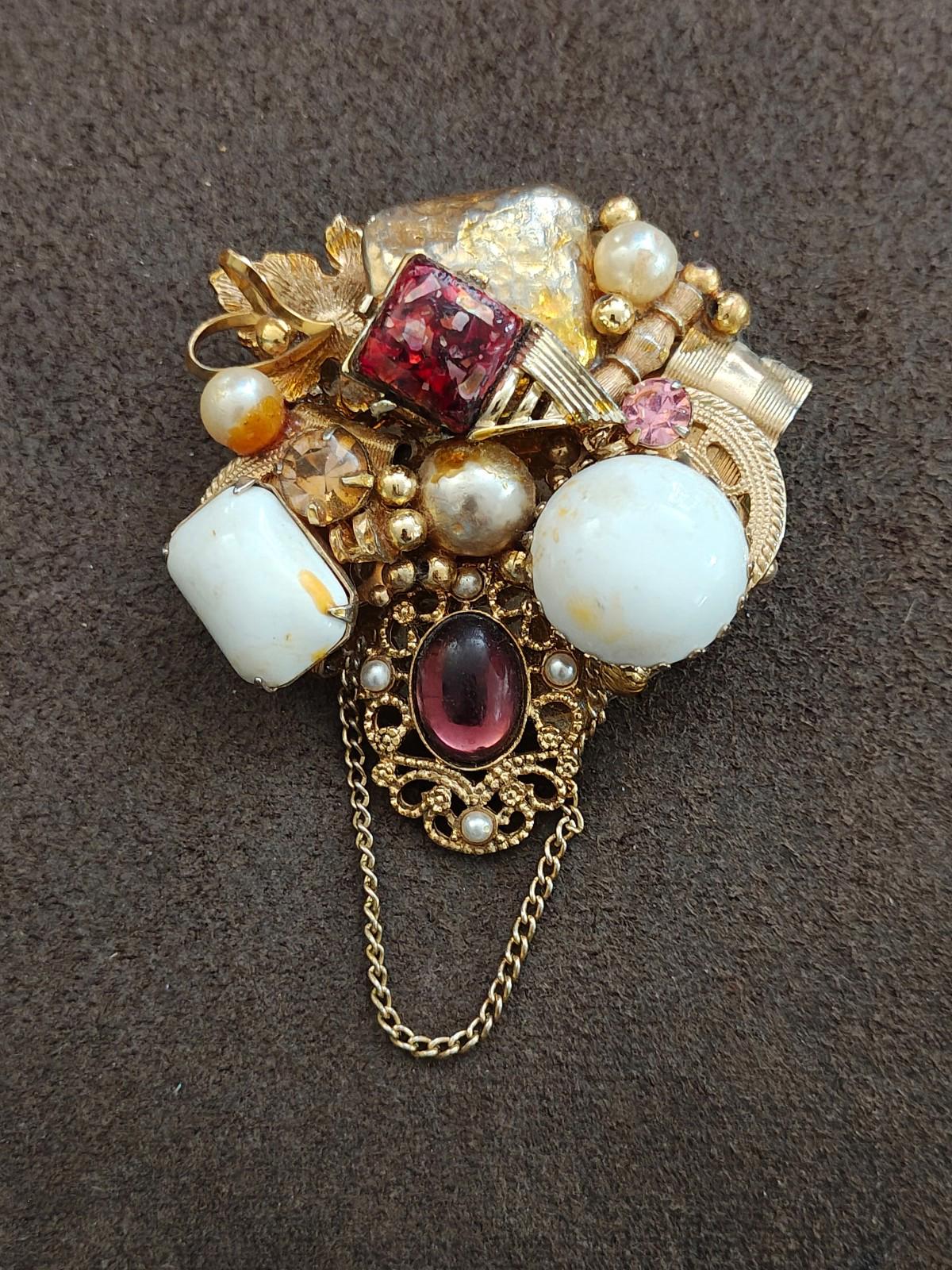 1980s Handmade Collage of  Beads Faux Pearls Etc. Gold Tone Brooch