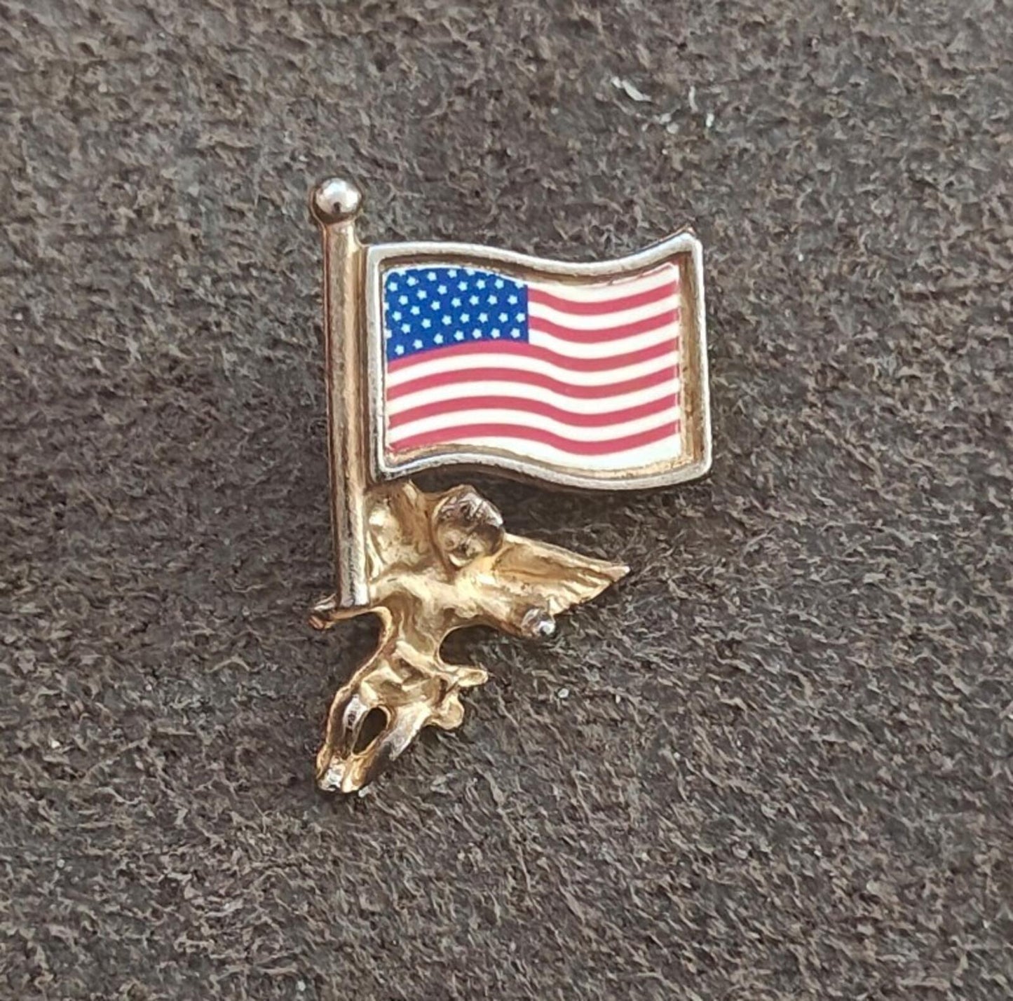 70s Signed FAF Inc. Gold Tone Patriotic American Flag Guardian Angel/Cherub Pin