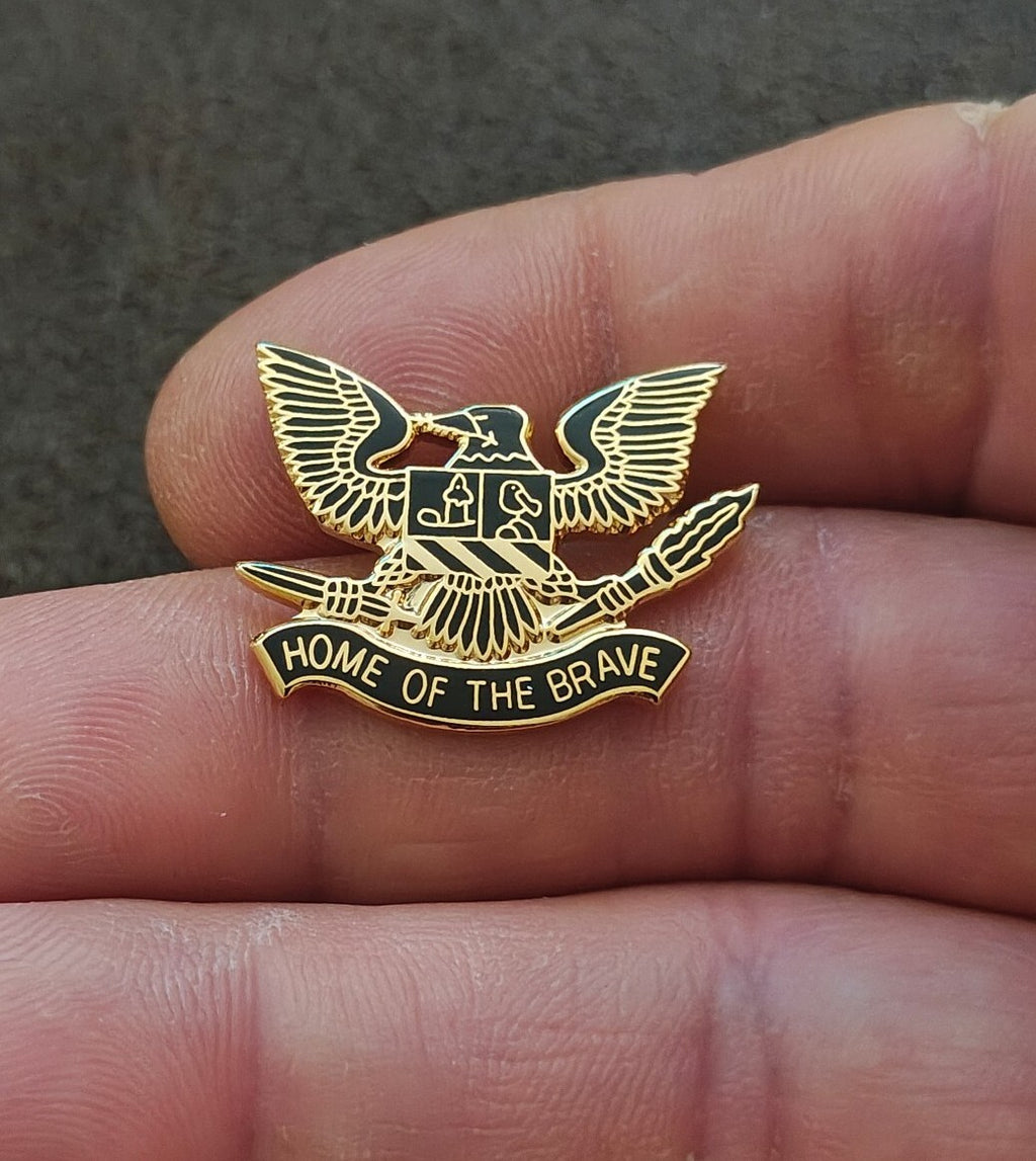 80s Patriotic Bald Eagle Heraldic Shield Home of the Brave Gold Tone Enamel Pin