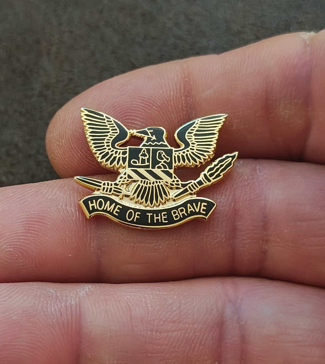 80s Patriotic Bald Eagle Heraldic Shield Home of the Brave Gold Tone Enamel Pin