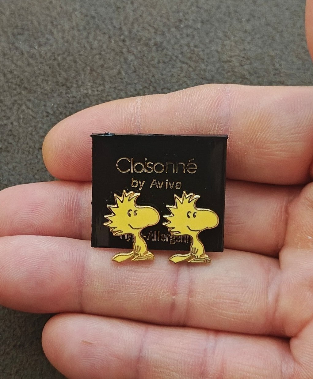 1970s Peanuts Woodstock Gold Tone Cloisonné Enamel Stud Earrings New