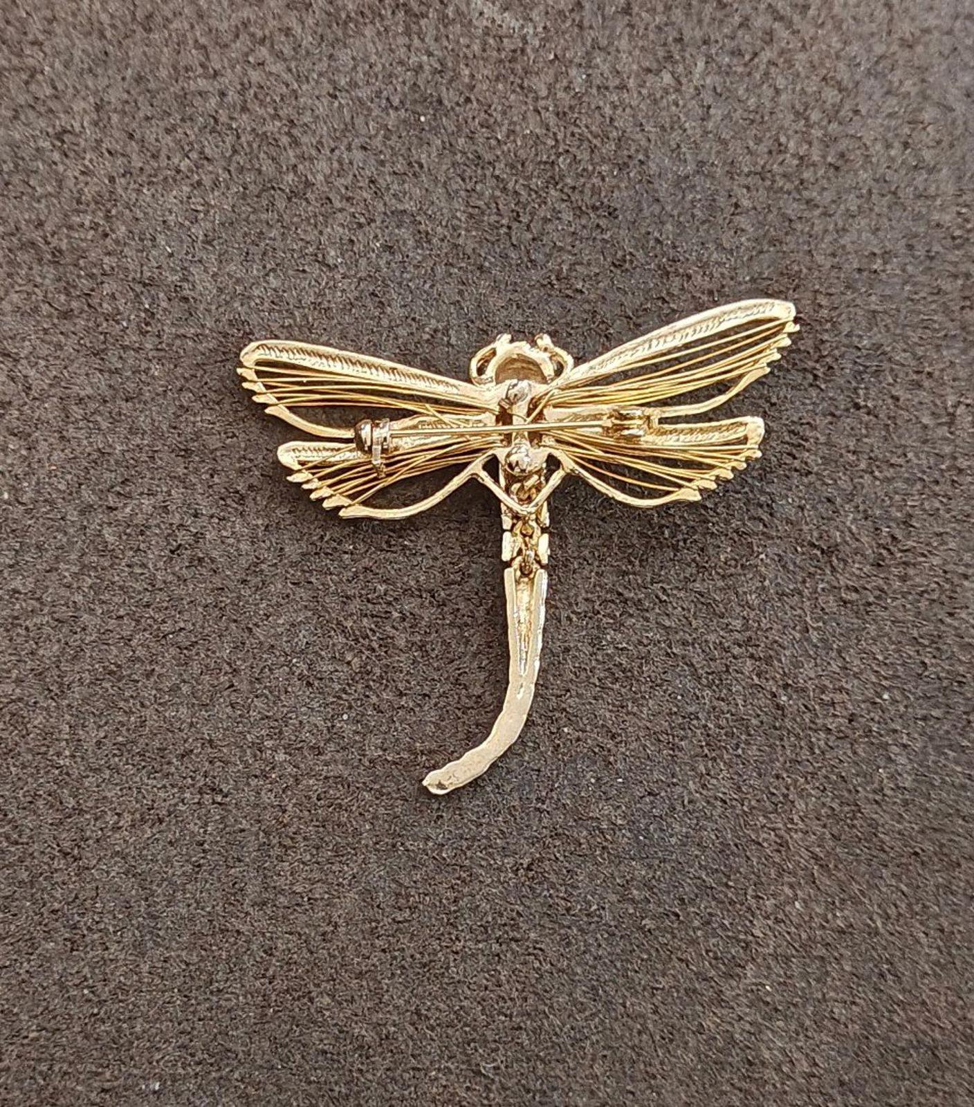1990's Gold Tone With Clear Rhinestones and Green Enamel Eyes Dragonfly Pin
