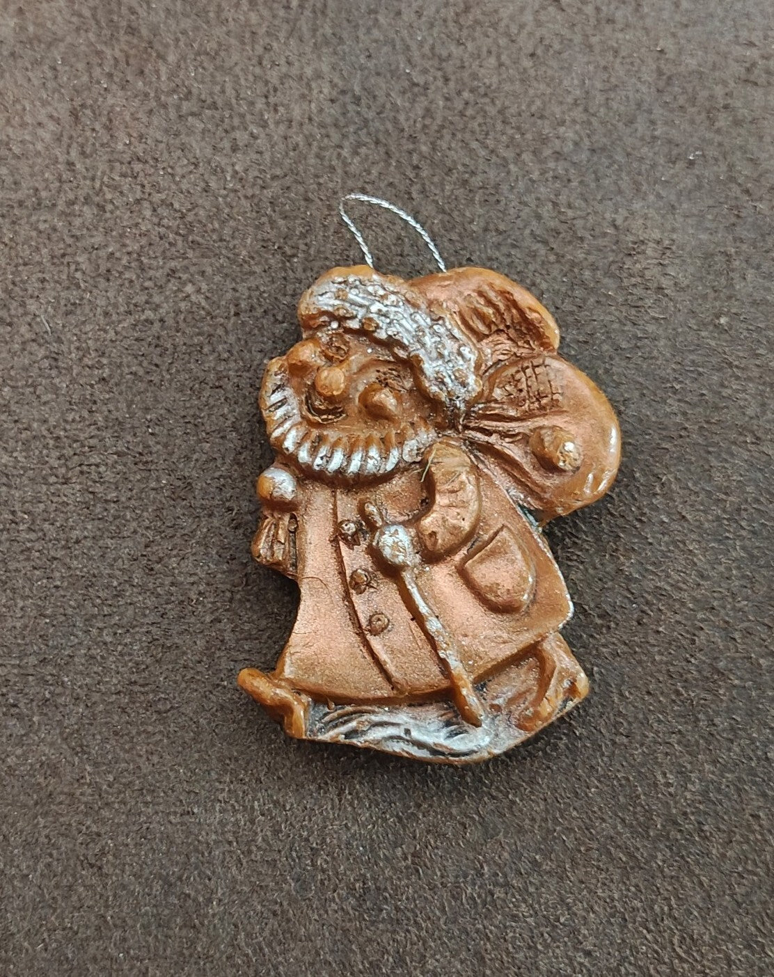 1980s Brown & Silver Molded Wax Santa Claus Christmas Ornament