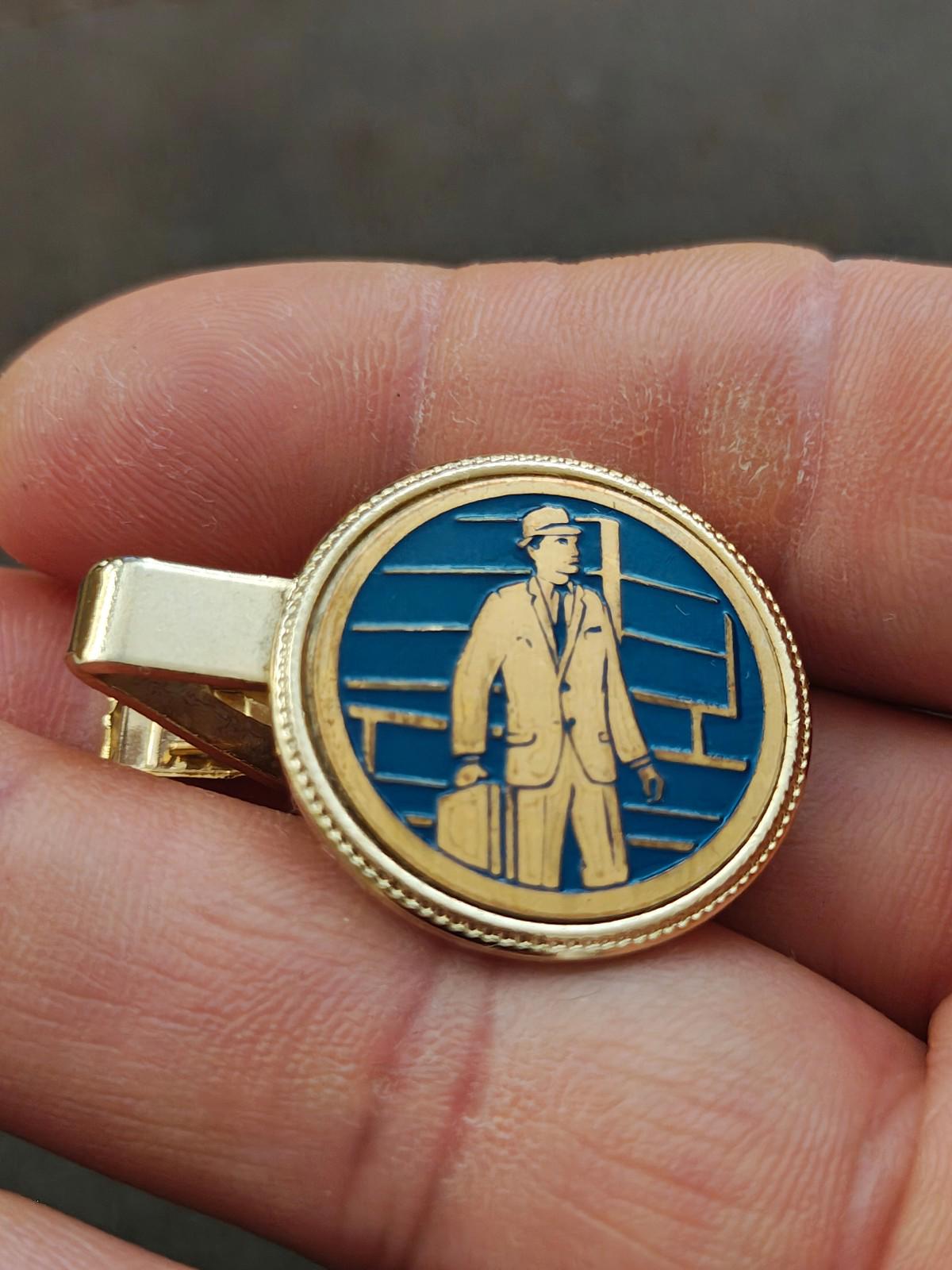 1950s/60s Rare Gold Tone Blue Enamel Man In a Suit Holding a Suitcase Tie Clip