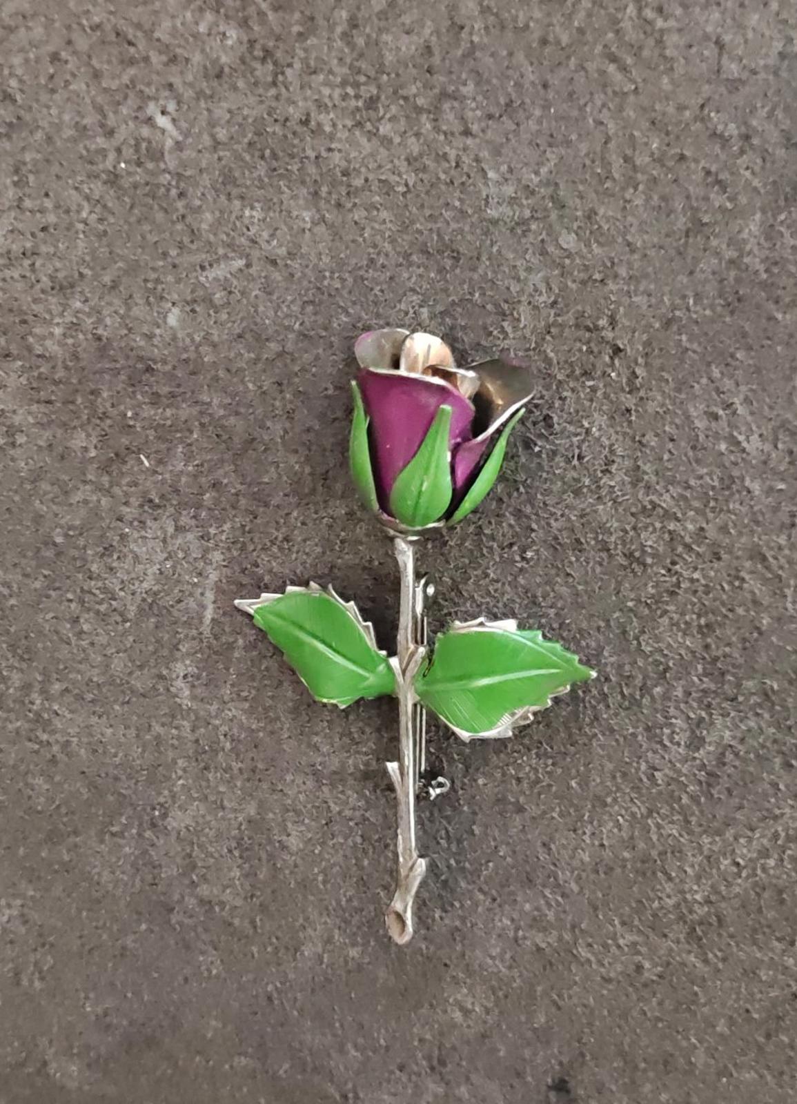 1970s Silver Tone Purple and Green Enamel Rose Brooch