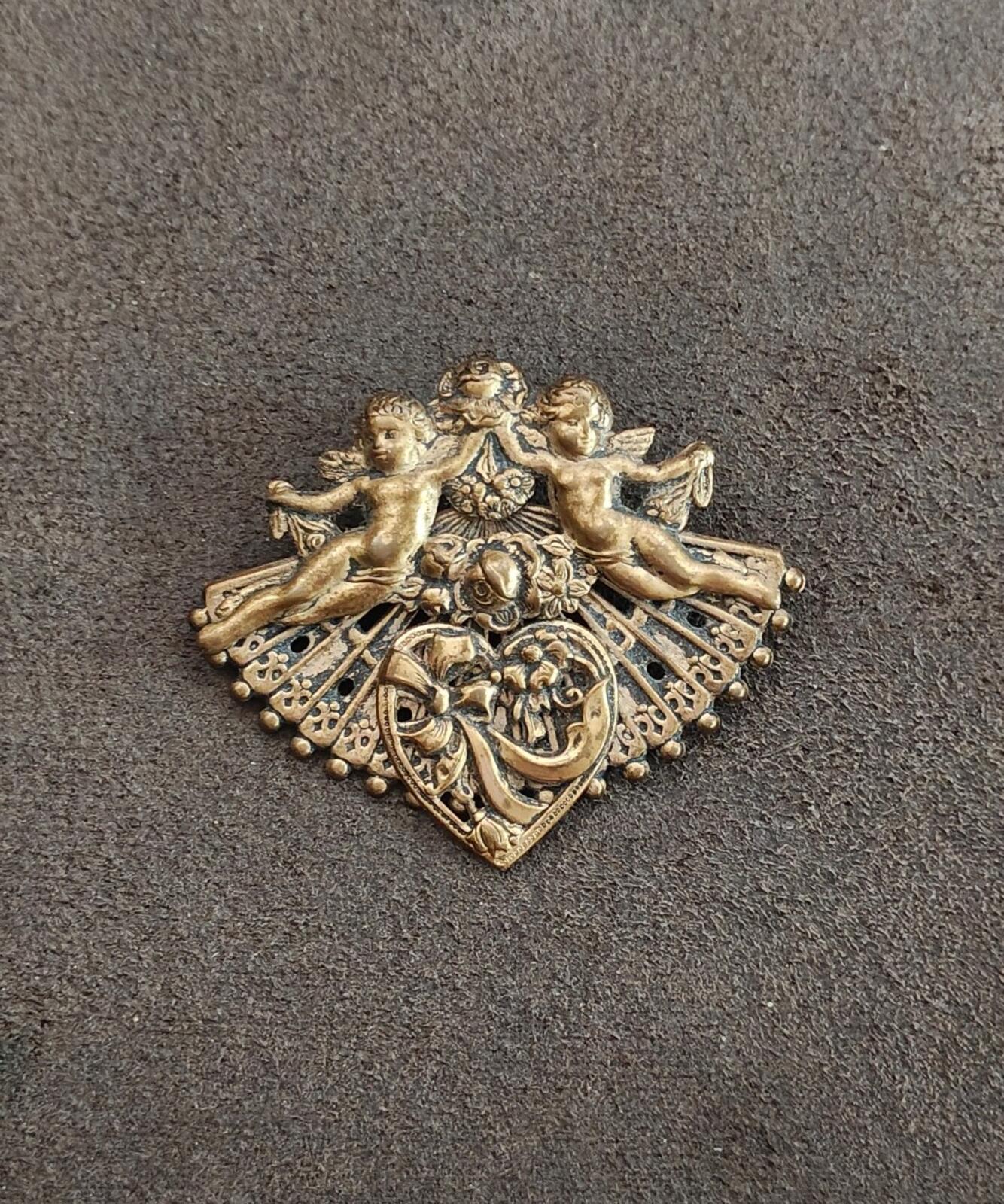 1970s/80s Gold Tone Renaissance Revival Style Double Cherub Brooch