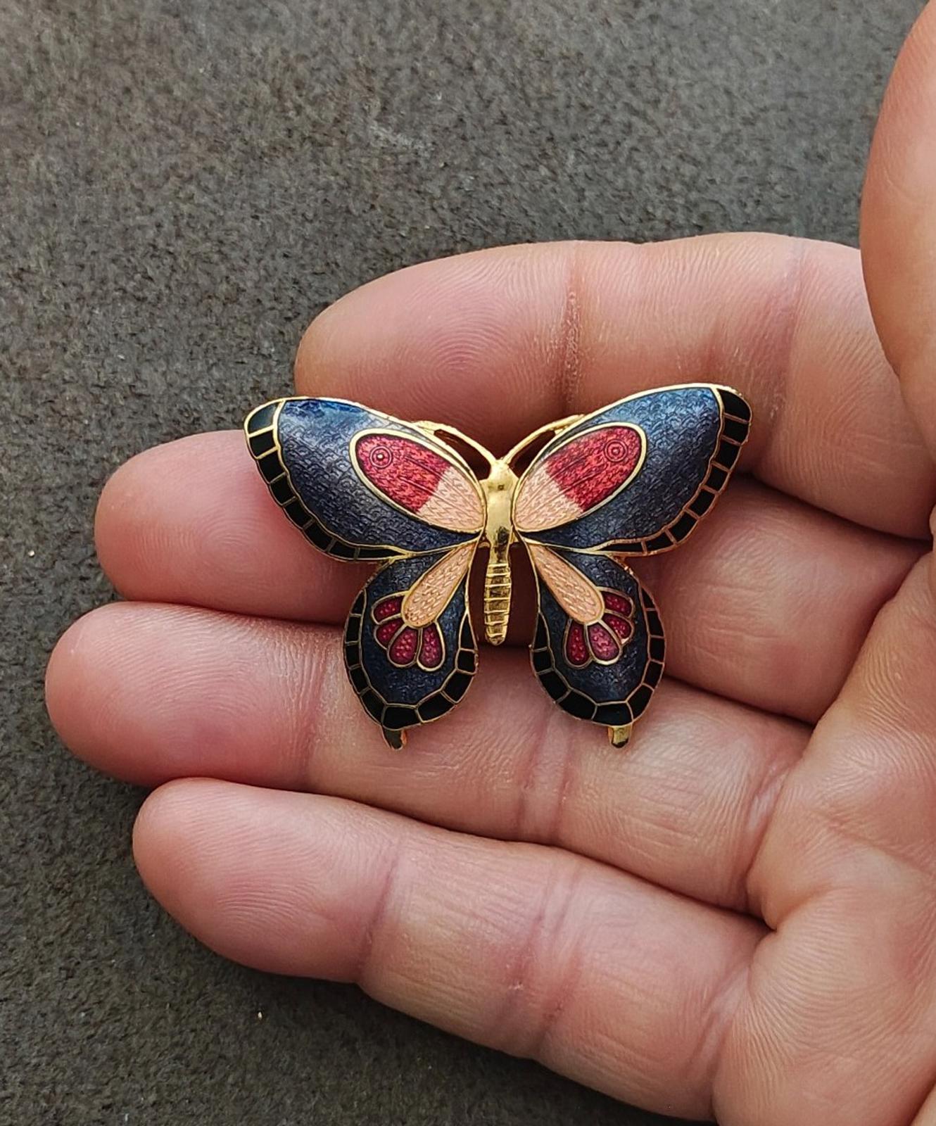 1980s Cloisonné Enamel Butterfly Gold Tone Brooch