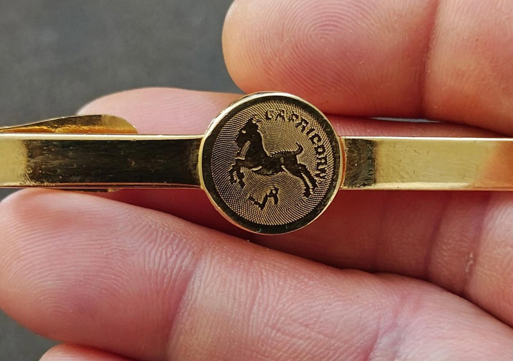 Gold-tone Capricorn zodiac tie bar close-up of round medallion
