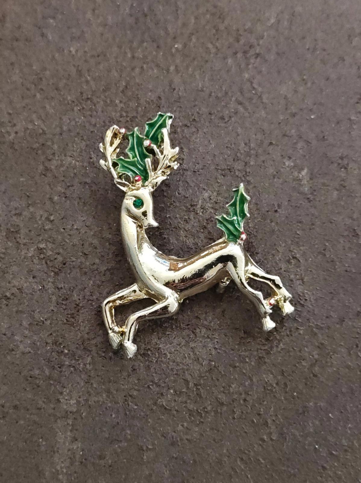 1960s Signed Gerry's Christmas Reindeer Gold Tone Enamel Brooch