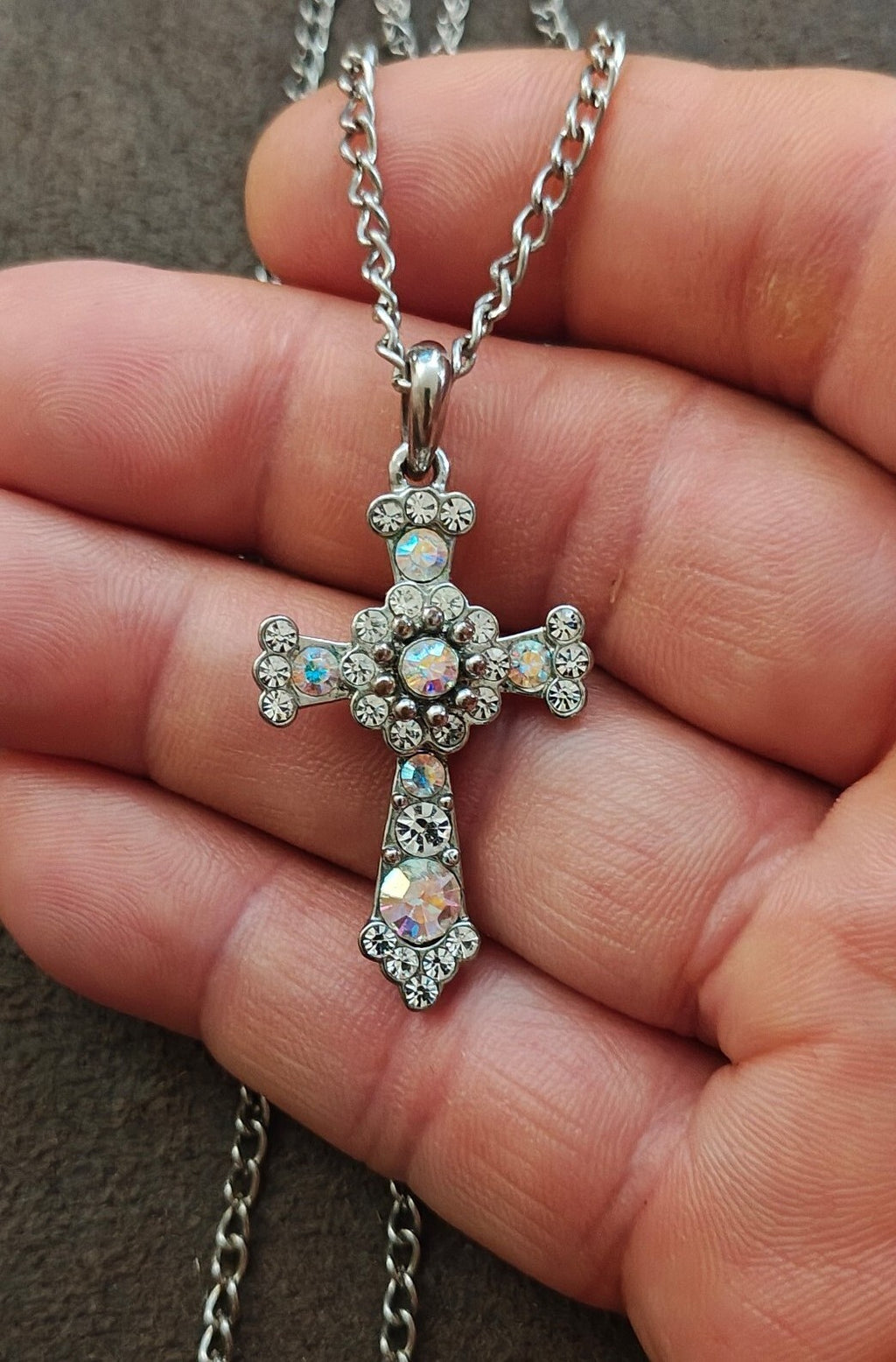 1990s Filigree With Aurora Borealis Rhinestones Silver Tone Cross Necklace