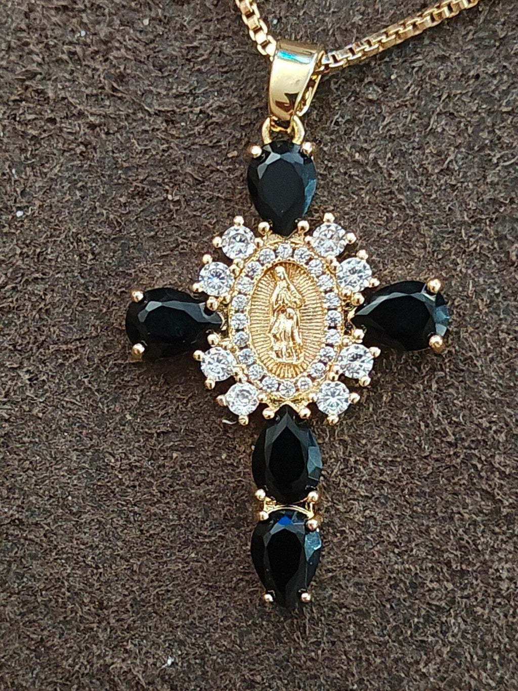 Gold Tone Virgin Mary Cross Pendant Necklace With CZ Stones & Black Stones