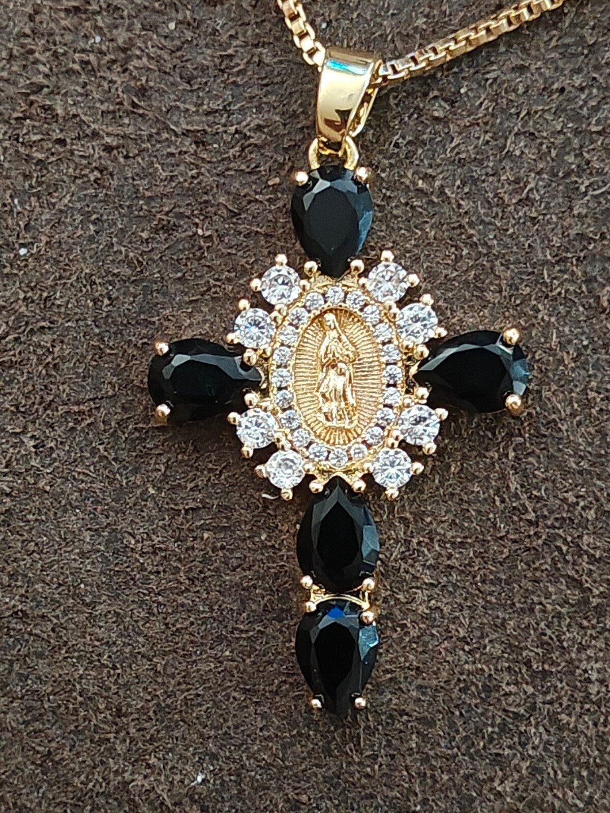 Gold Tone Virgin Mary Cross Pendant Necklace With CZ Stones & Black Stones