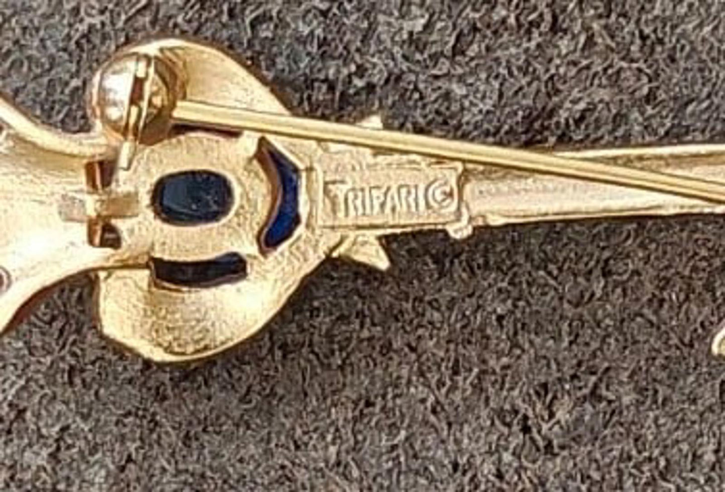 1940s/50s Crown Trifari Gold Tone Key Brooch With Red Enamel and Blue Cabochon