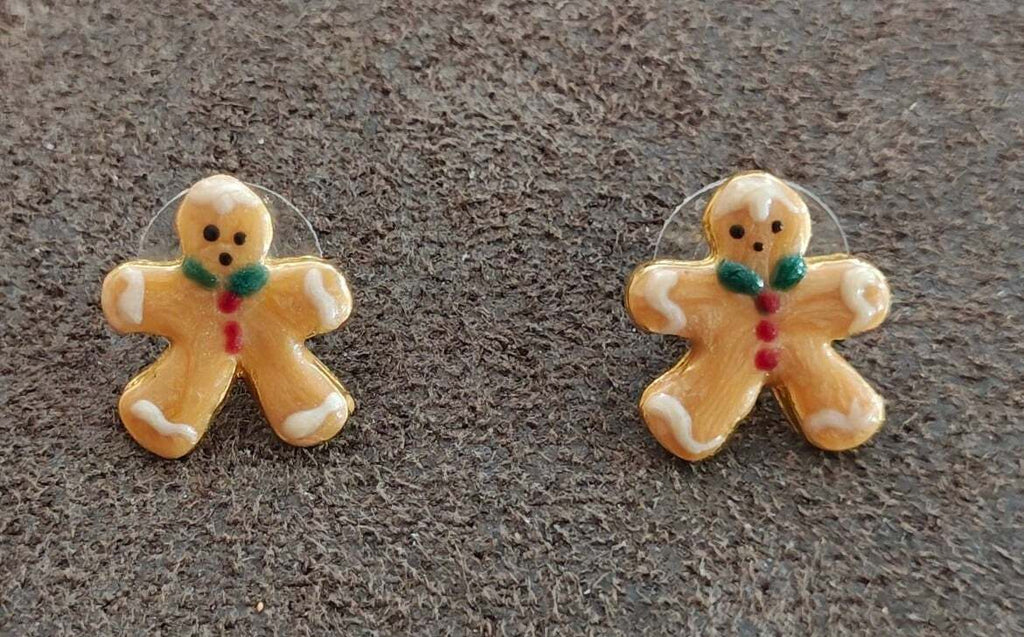 Handpainted Gingerbread Man Gold Tone Stud Earrings
