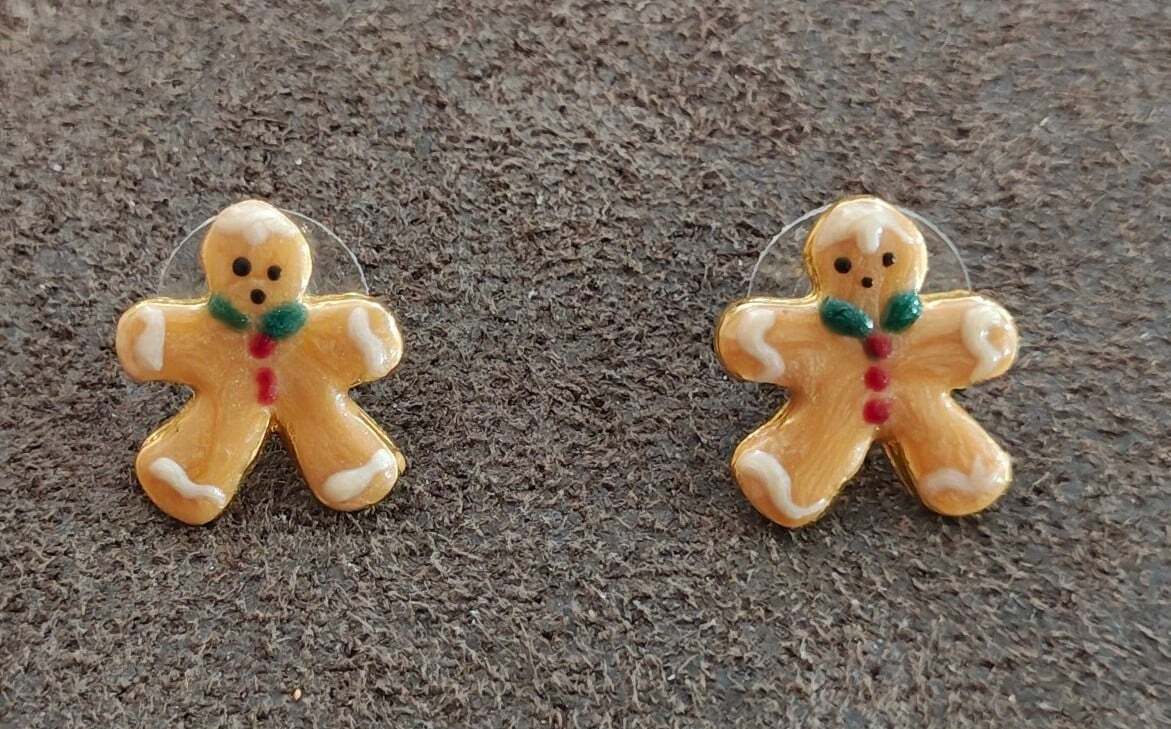 Handpainted Gingerbread Man Gold Tone Stud Earrings