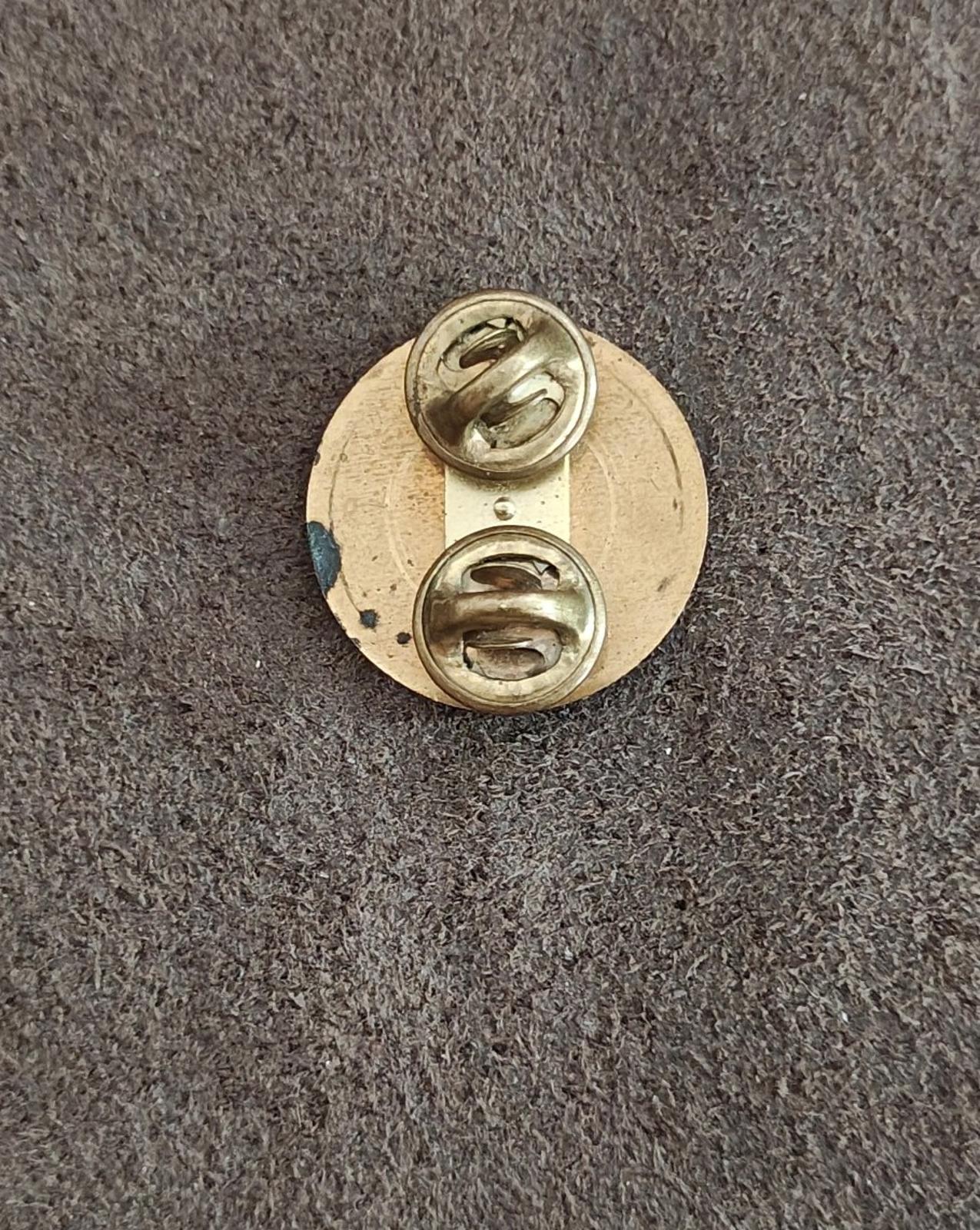 Gold circular brass pin back with safety clasp and hinge