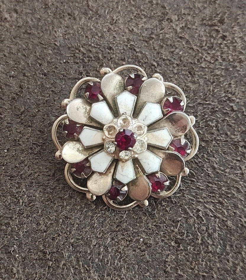 1950s Layered Flower Brooch With Red Rhinestones Gold Tone White Enamel Brooch