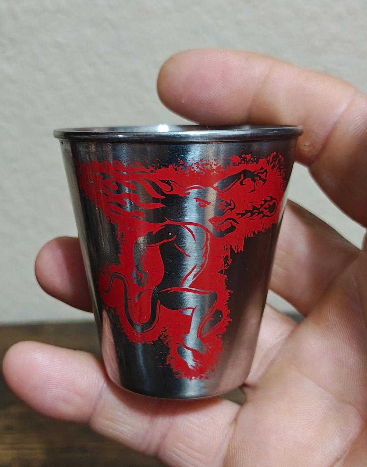 1980s Set Of 2 Fireball Cinnamon Whisky Stainless Steel Dragon Shot Glasses