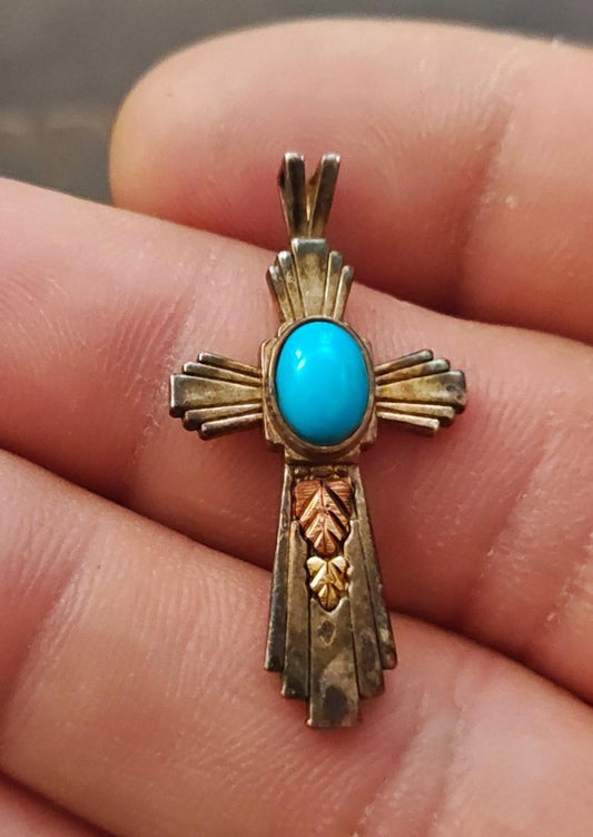 80s Coleman Co. Black Hills 12 Kt Gold & Sterling Silver Turquoise Cross Pendant