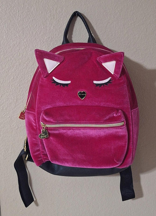 Adorable Betsey Johnson Hot Pink Velvet Cat Backpack Shoulder Bag Purse Design.