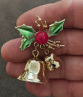 1980s Christmas Holly & Jingle Bells Gold Tone Enamel Brooch Pin