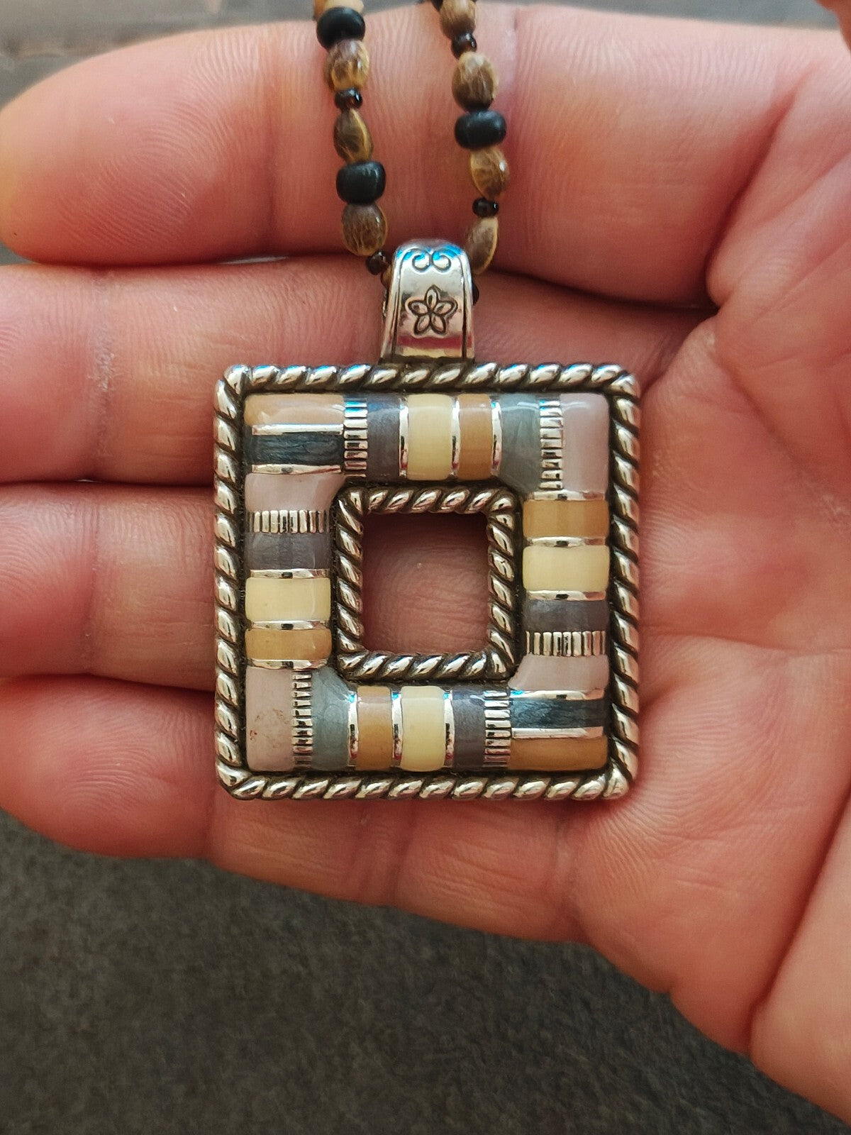Retired Brighton "Cabana" Square  Pendant Necklace With Custom Beaded Strand