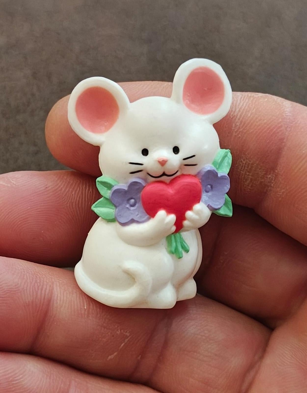 1980s White Mouse Holding a Red Heart and Purple Flowers Valentine's Brooch