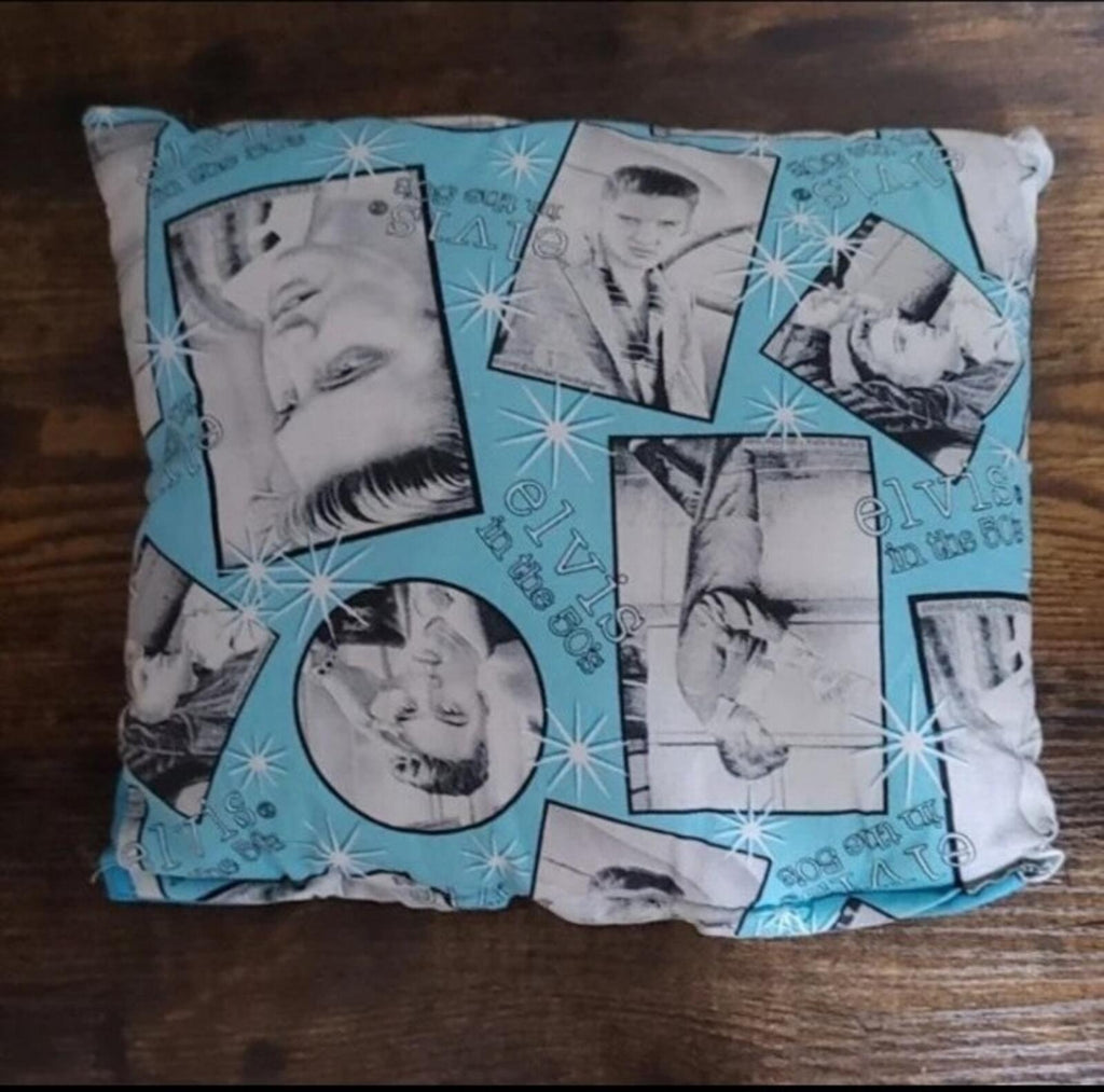 Blue Elvis-themed throw pillow top view with layered black-and-white photo shapes