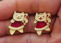 1980s Signed AIM Gold Tone Enamel Christmas Cat Stud Earrings