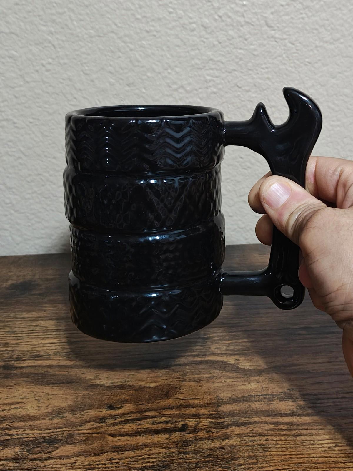 1990's Textured Black Ceramic Glaze Wrench Handle Mug