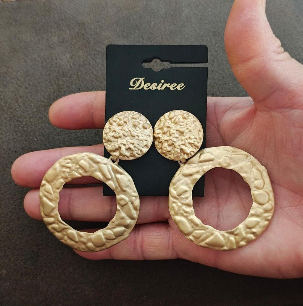 Gold-tone hammered statement earrings, round studs with oversized circular hoop pendants