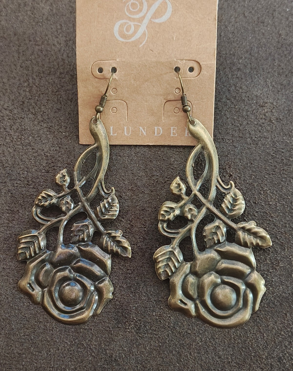 Plunder Design "Rosey" Antique Gold/Bronze Tone Filigree Dangle Earrings New