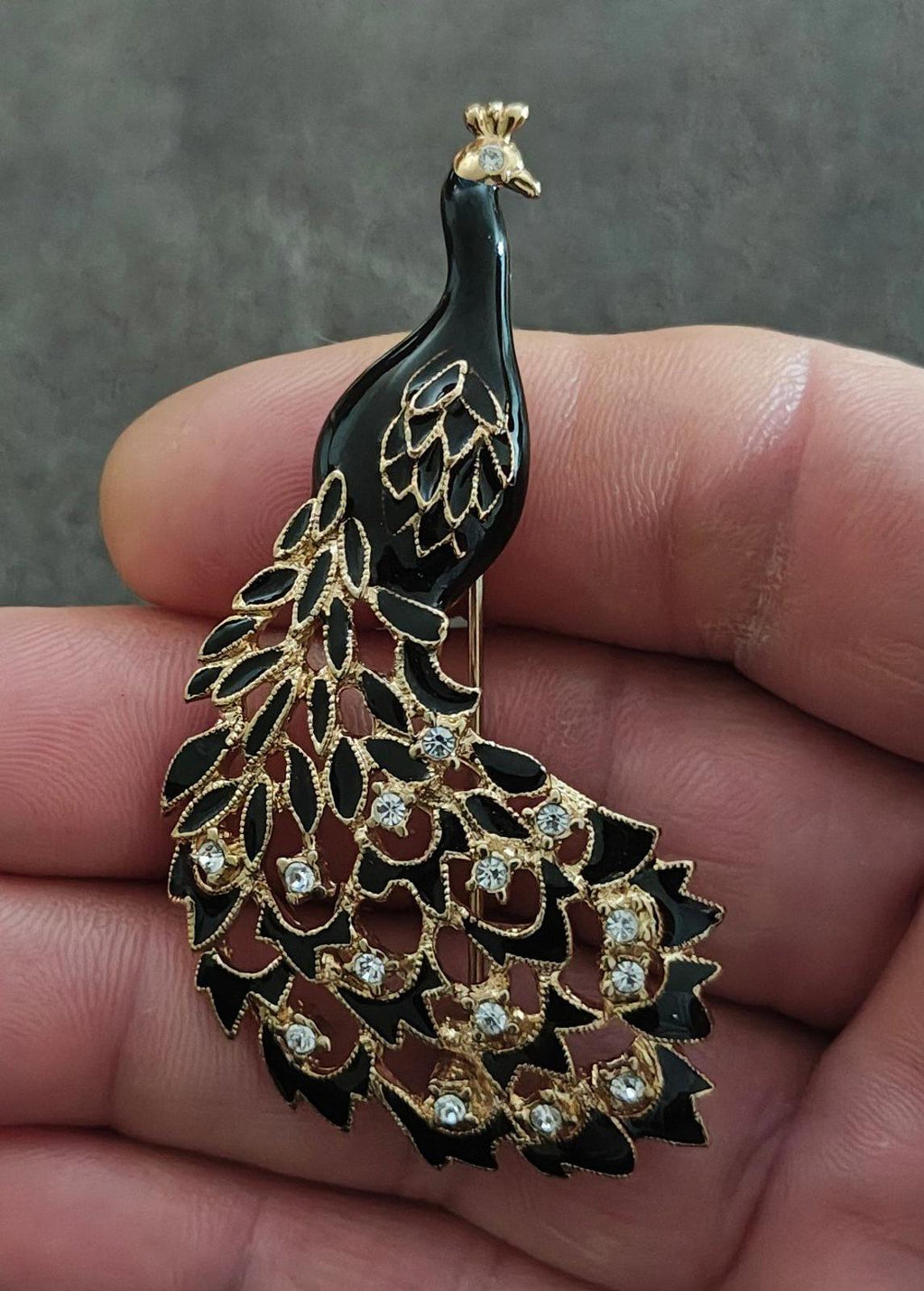 1990's Gold Tone Black Peacock With Sparkling Rhinestones Brooch Pin
