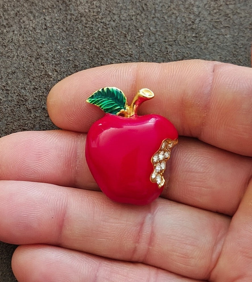 1990s Gold Tone Red & Green Enamel & Rhinestone Bitten Apple Brooch Pin