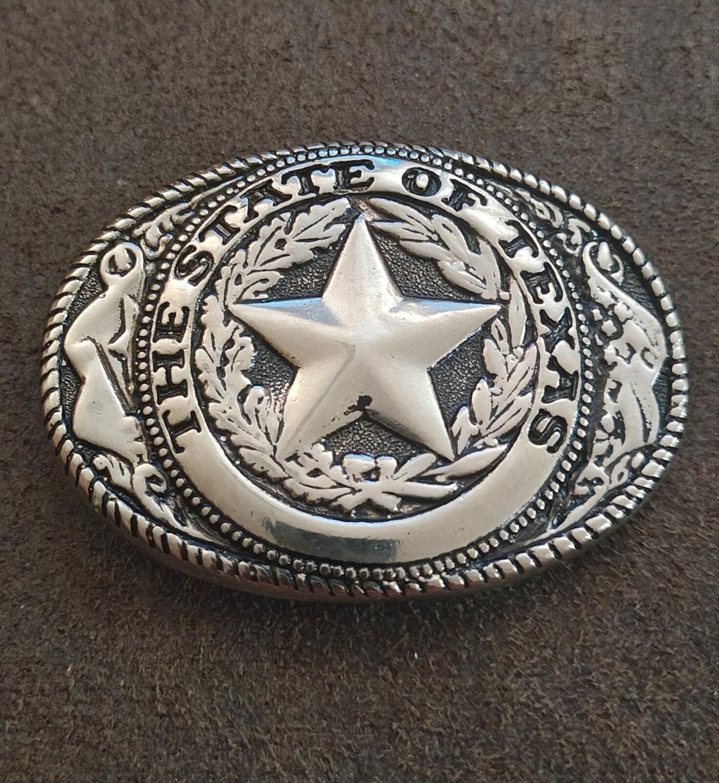 80s Silver Tone Western Style "The State of Texas" Lone Star Emblem Belt Buckle