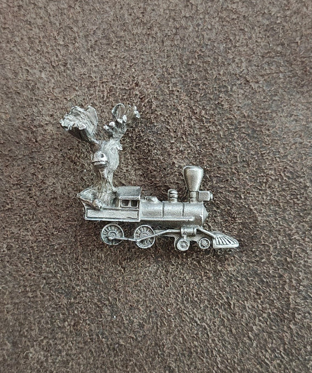 1980s/90s Rare Moose Riding a Locomotive Train Pewter Pin