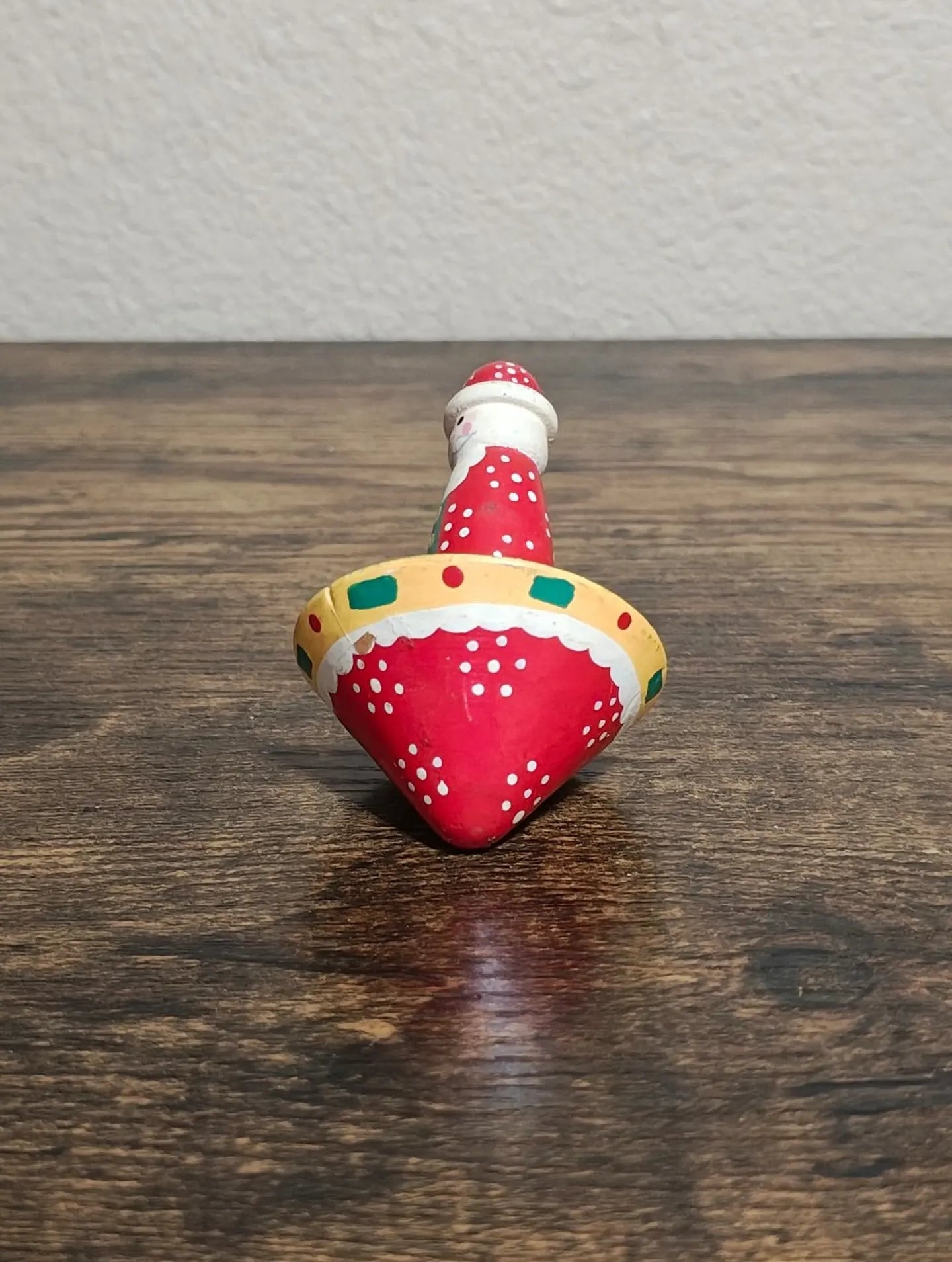 1970s Vintage Folk Art Hand Painted Santa Wooden Spinning Top Toy