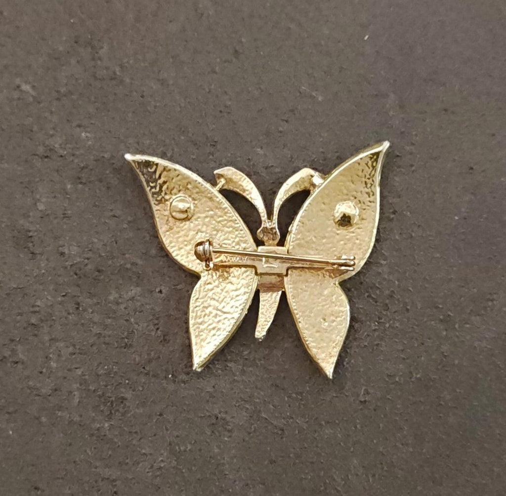1980s Gold Tone With Green Enamel Textured Butterfly Brooch