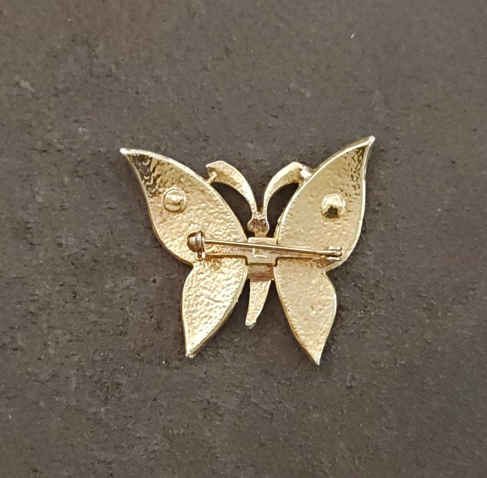 1980s Gold Tone With Green Enamel Textured Butterfly Brooch