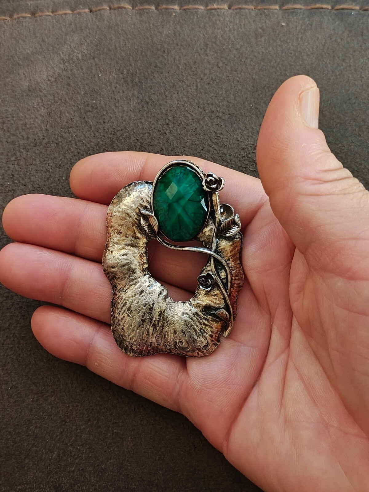 1960s Modernist/Brutalist Style Silver Tone Pendant With Green Stone